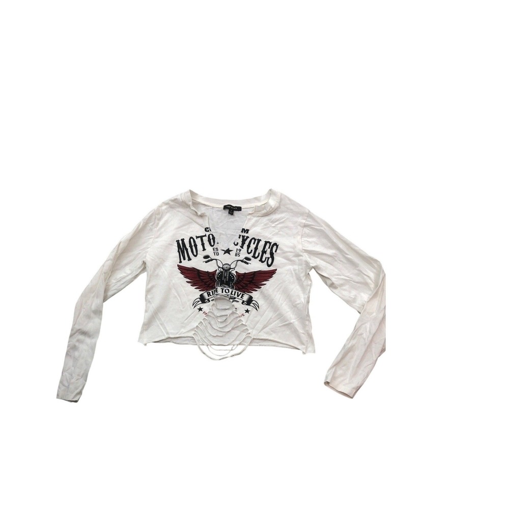 Ruby & Lace White Motorcycle Graphic Shredded Crop Top Long Sleeve Womens Medium